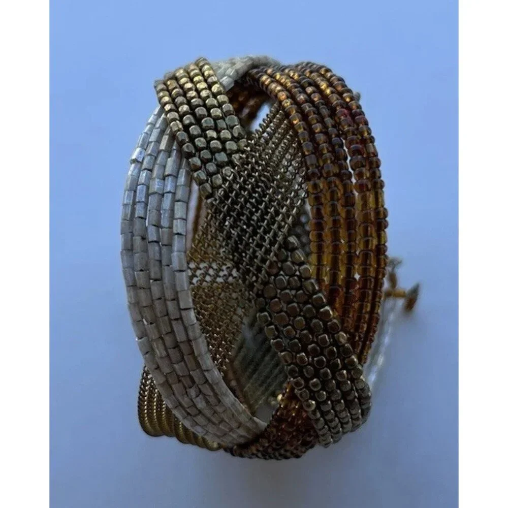 Vintage Glass Seed Bead Pieces Cuff Bracelet Brown Gold Y2K Women’s Sz 7.5”